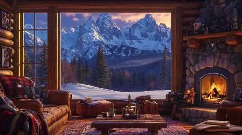 Winter Cabin with Mountain Scenery