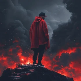 Red Hoodie Figure Amidst Fiery Landscape