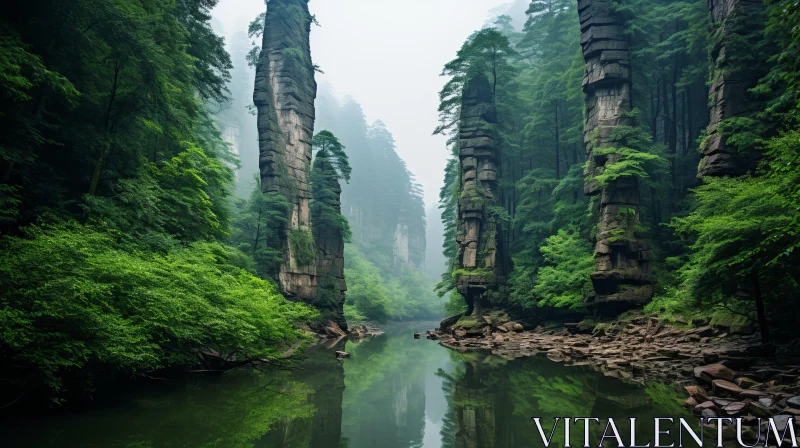 Enchanting Misty Landscape with Tall Trees and River AI Image