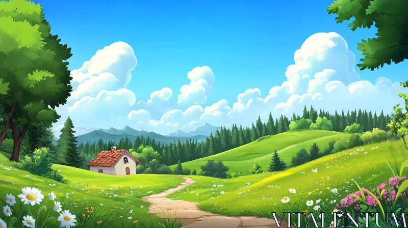 Cartoon Meadow House Scene AI Image