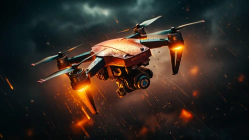 Flaming Drone Soaring in Dark Clouds - Industrial Design