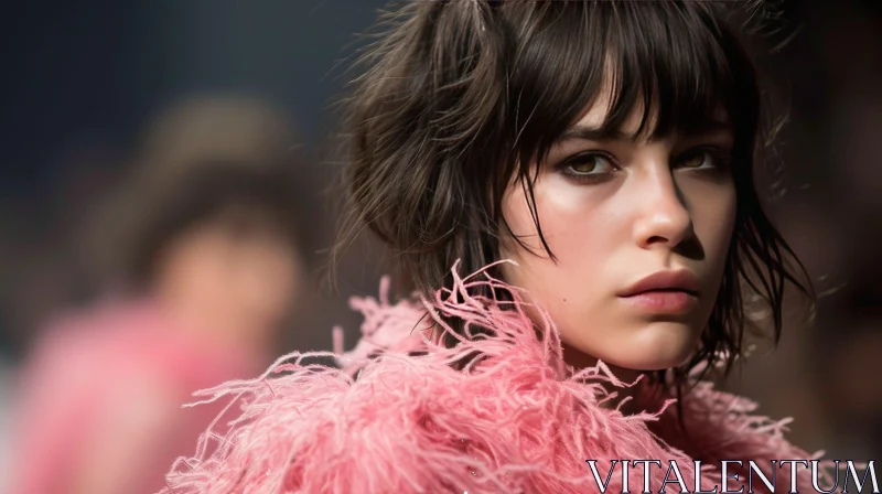 Serious and Stylish Portrait of a Woman in a Pink Feather Coat AI Image