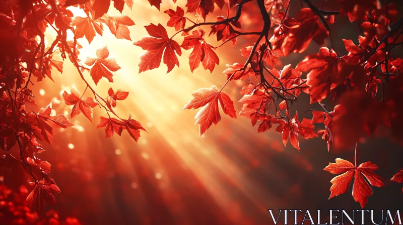 AI ART Golden Rays Through Red Fall Leaves