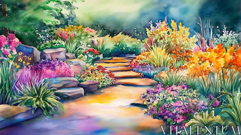 Floral Watercolor Garden Pathway AI Image