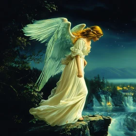 Angel at Nightfall by the Waterfall