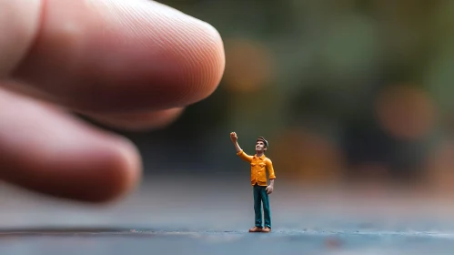 Contrast of Scale: A Giant Finger and Tiny Figurine