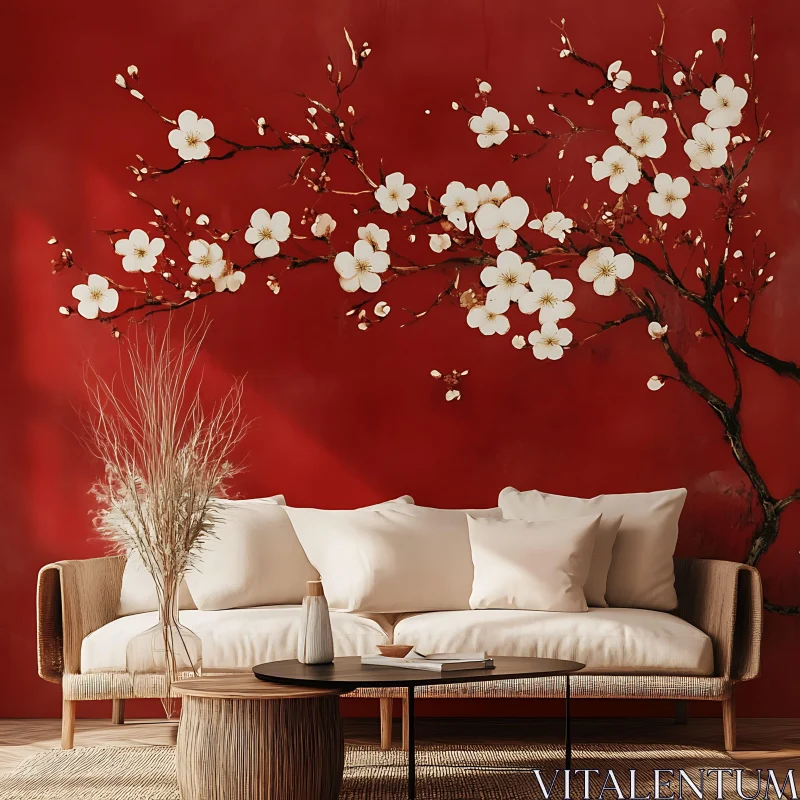 AI ART Red Wall with White Flowers Interior Design