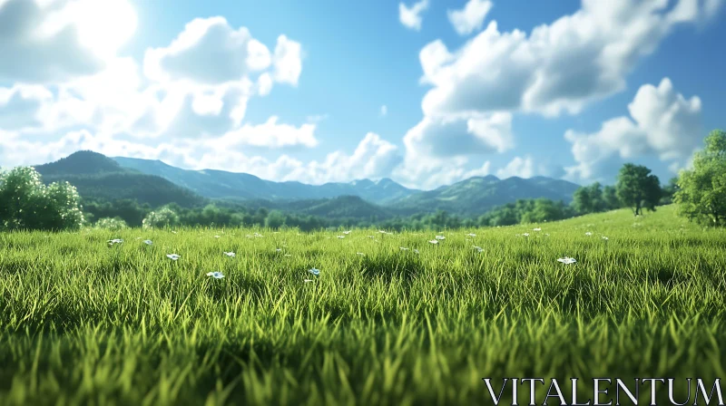 AI ART Lush Green Field and Blue Sky View