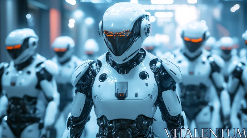 Advanced Humanoid Robot Army in Technological Corridor AI Image