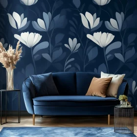 Blue Sofa with Floral Wallpaper