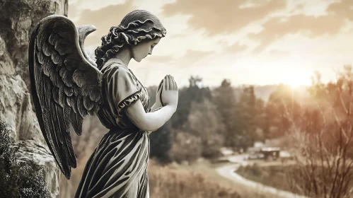 Serene Angel Sculpture with Landscape Backdrop