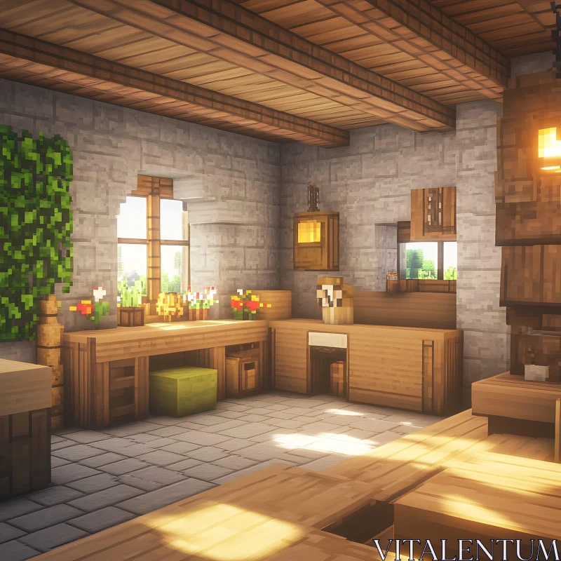 Pixelated Room with Sunlight and Wooden Accents AI Image