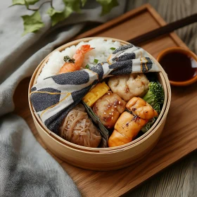 Japanese Bento Box Featuring Shrimp, Grilled Fish, and Vegetables