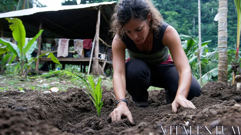 Gardening Woman Plants a Sprout AI Image