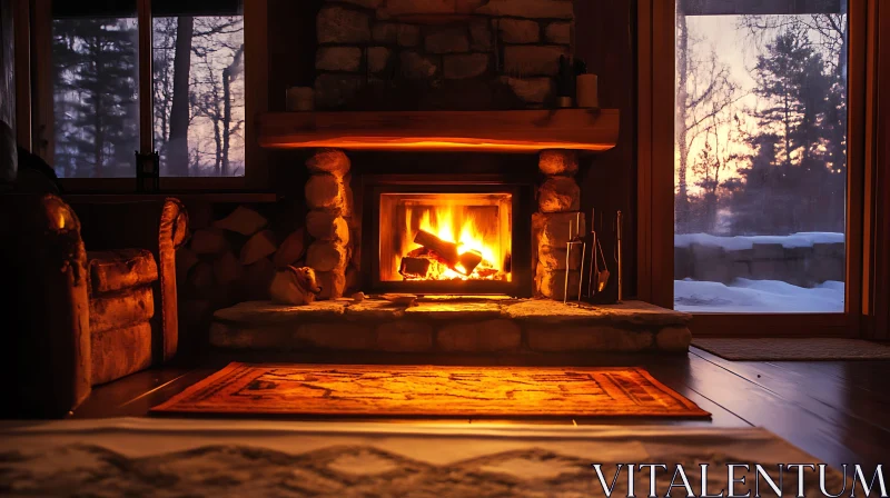 Cozy Fireplace Scene with Snowy View AI Image