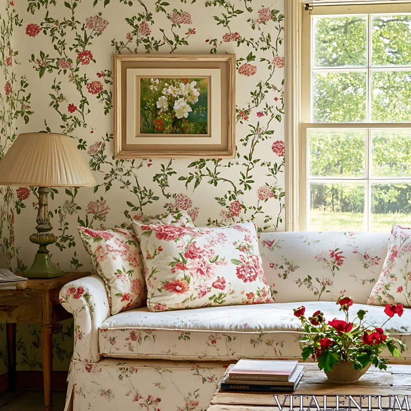 Vintage Floral Interior with Sofa and Cushions AI Image