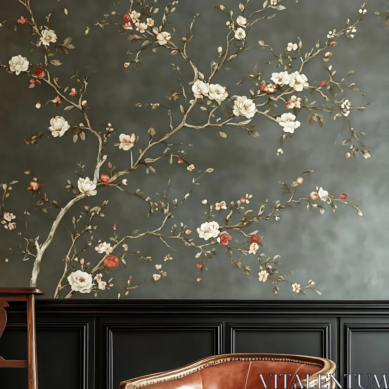 Blossoming Branches on Grey Wall AI Image