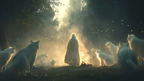 Cloaked Figure Surrounded by Wolves