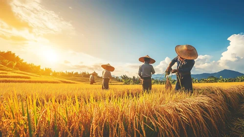 Farmers Harvesting Rice at Golden Hour