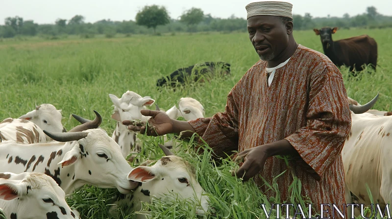 Man Feeding Cows in Pasture AI Image