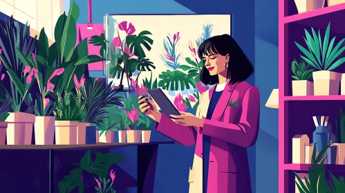 Woman Surrounded by Plants Holding Tablet