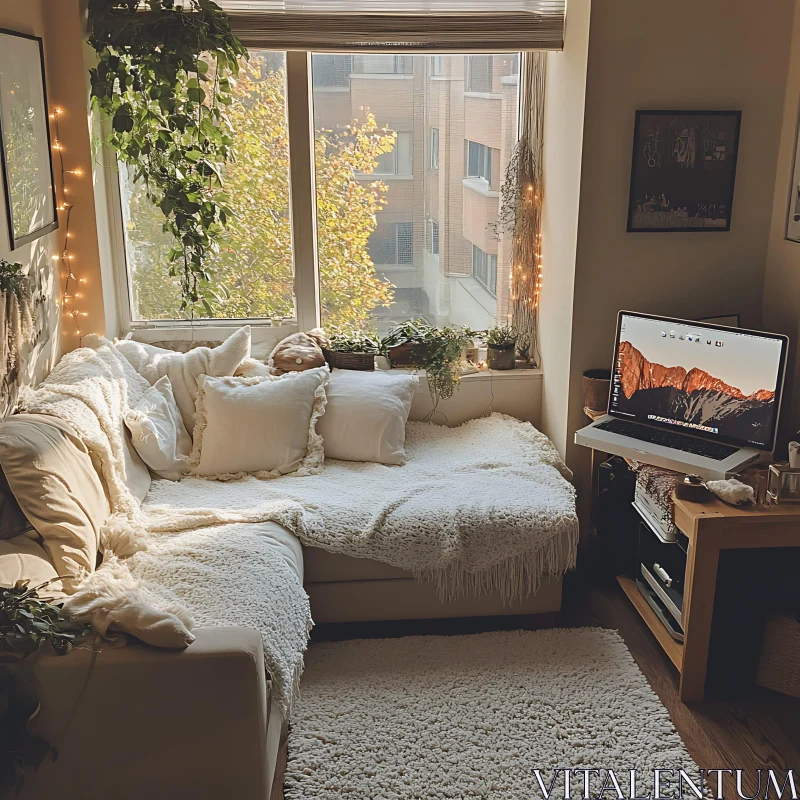 Comfortable Room with Plants and Soft Light AI Image