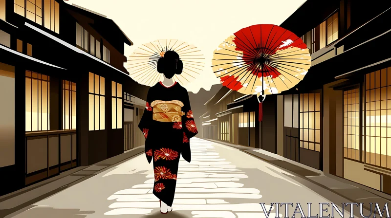 Woman in Kimono with Umbrellas AI Image