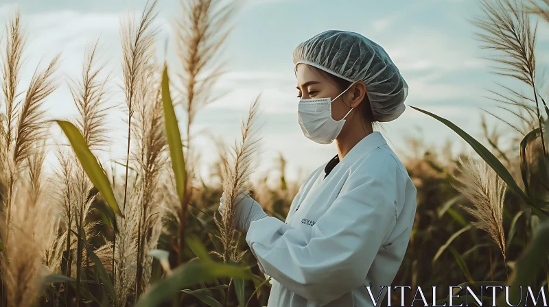 Female Scientist Among Wheat Stalks AI Image