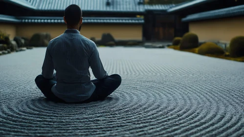 Meditative Pose in a Raked Zen Garden