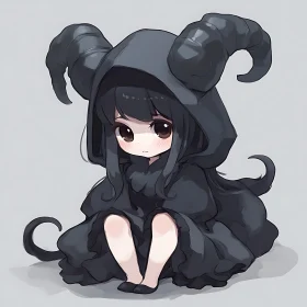 Anime Demon Girl in Dark Hooded Cloak