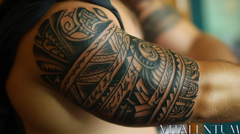 Detailed Traditional Black-Ink Tribal Tattoo on Arm AI Image