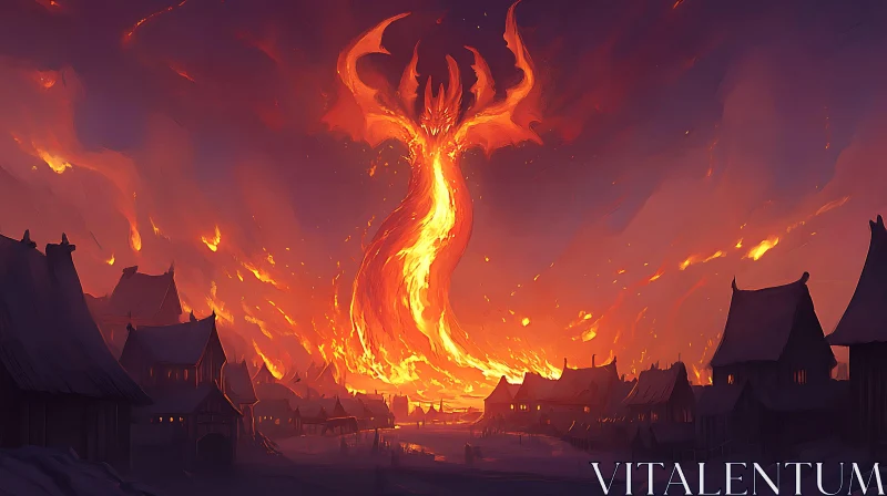 AI ART Fiery Dragon Ascending Over the Town