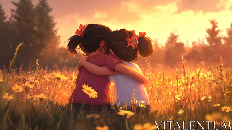 AI ART Girls Hugging in a Flower Field at Sunset