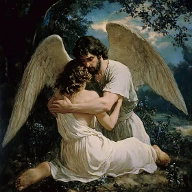 Serene Embrace: Angel and Woman in Nature