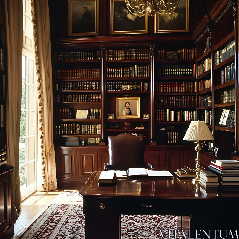 Traditional Library with Wooden Bookshelves AI Image