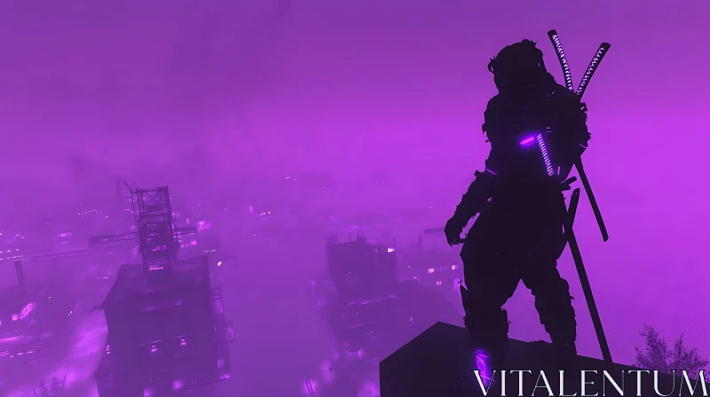 AI ART Cyberpunk Warrior Silhouette in Neon City