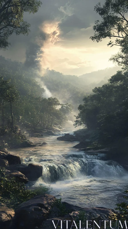 Peaceful River in Misty Forest Landscape AI Image