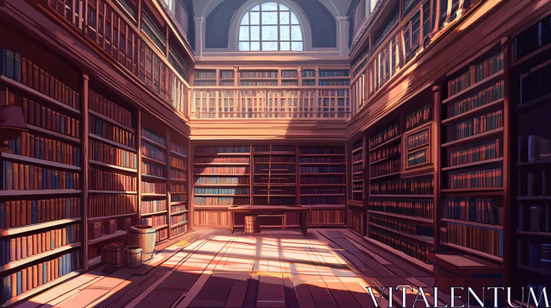 Sunlit Bookshelves in Classic Library AI Image