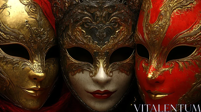 AI ART Three Masks: Gold, Red, and Ornate Detail