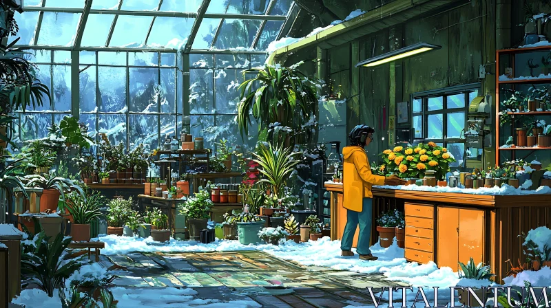 AI ART Snowy Greenhouse Interior with Plant Care