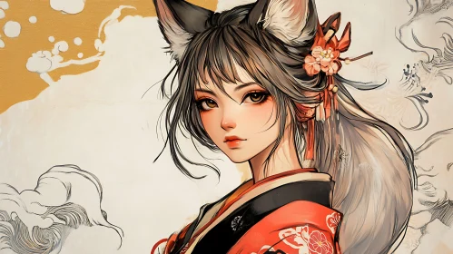 Fox-Eared Girl in Kimono Anime Style