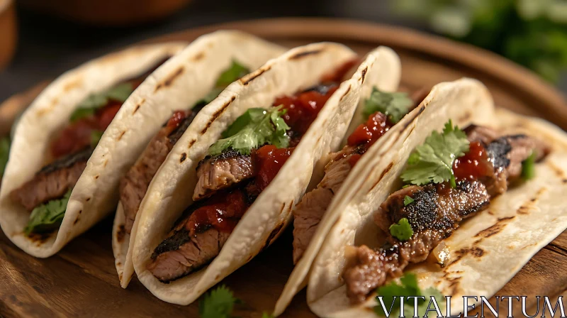 Grilled Beef Tacos on Wooden Platter AI Image