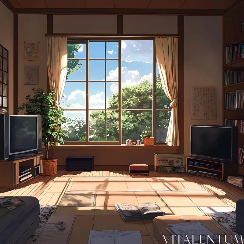 Anime Style Room Interior with Sunlight AI Image