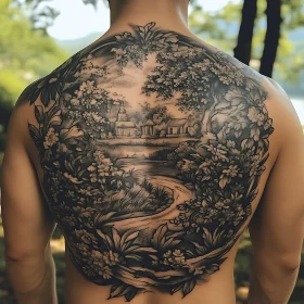 Nature-Scene Back Tattoo in Black Ink