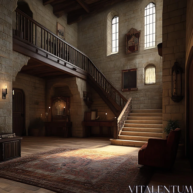 Stone Mansion Hallway with Staircase AI Image