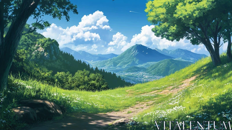 AI ART Scenic View of Mountains and Green Hills