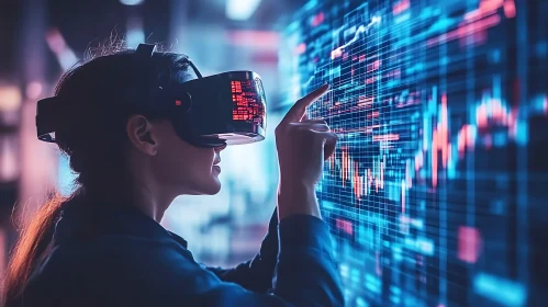 Woman in VR Headset Analyzing Data