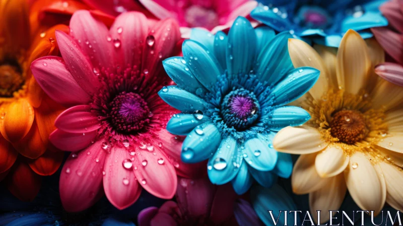 Close-Up Colorful Flowers with Water Droplets - A Teal and Magenta Bloomcore Experience AI Image