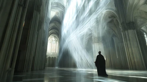 Cathedral Interior with Monk Silhouette