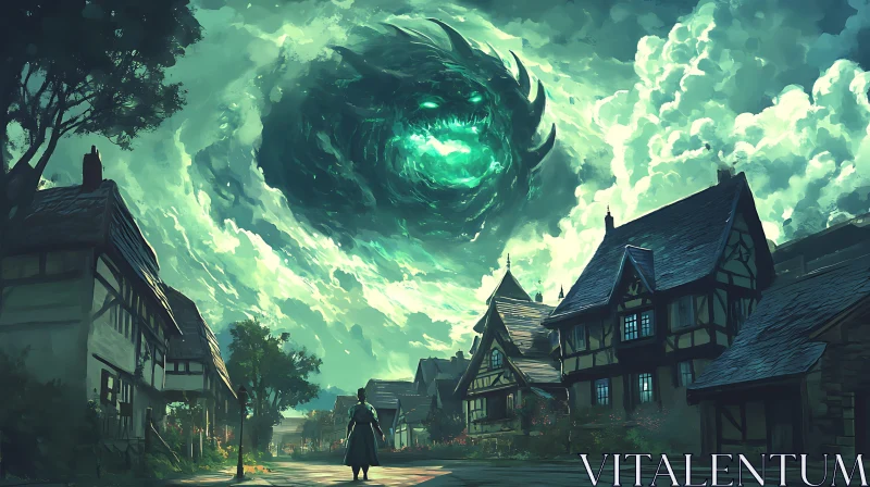 AI ART Fantasy Village with Monster in Sky